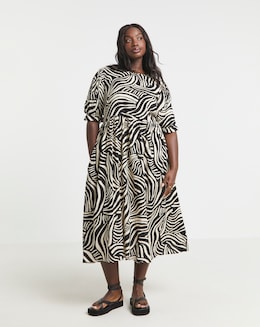 Mono Zebra Print Spun Viscose Midi Dress With Pockets