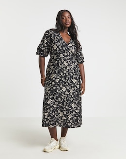 Mono Floral Print Spun Viscose Wrap Midi Dress