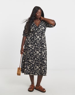 Mono Floral Print Spun Viscose Wrap Midi Dress