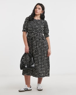 Mono Spot Print Spun Viscose Midi Dress With Pockets