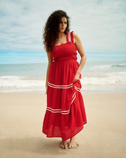 Red Shirred Maxi Dress with Scallop Detail