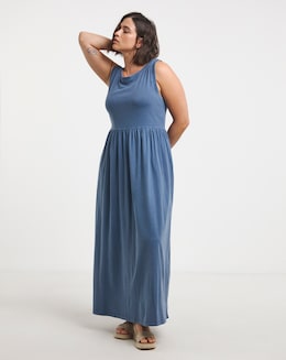 Blue Acid Jersey Cotton Maxi Dress With Pockets