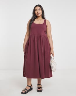 Burgundy Jersey Apron Dress With Pockets