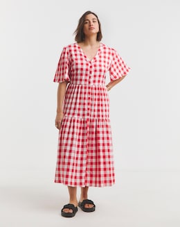 Red/White Gingham Button Through Midi Dress