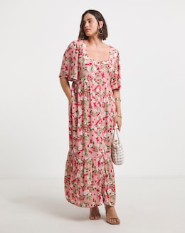 Pink Print Crinkle Button Through Maxi Dress
