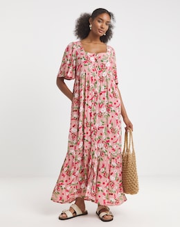 Pink Print Crinkle Button Through Maxi Dress