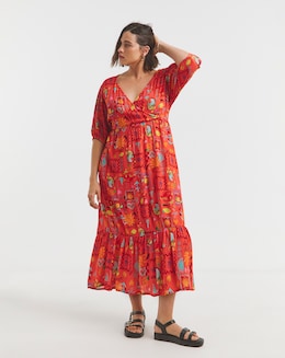 Orange Print Crinkle Wrap Midi Dress