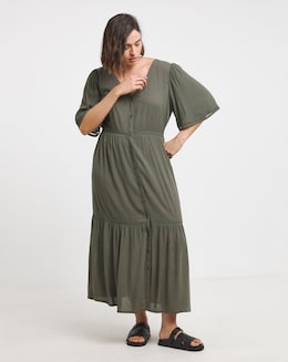 Khaki Crinkle Ladder Trim Midi Dress