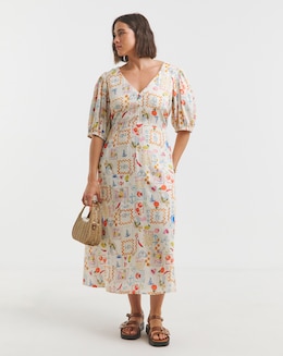 Conversational Print Button Through Linen Blend Midi Dress