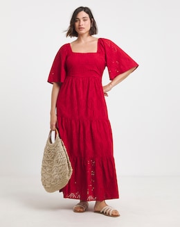 Red Broderie Tiered Maxi Dress