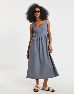 Blue Seamed Detail Utility Midi Dress