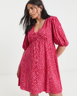 Red and Pink Print Viscose Button Through Skater Dress