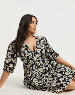 Daisy Print Button Through Viscose Skater Dress