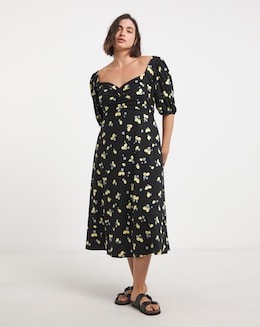 Black Print Supersoft Sweetheart Neck Midi Dress