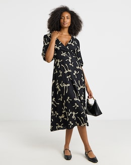 Bow Print Viscose Wrap Midi Dress