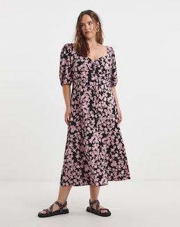 Supersoft Floral Print Sweetheart Neck Midi Dress