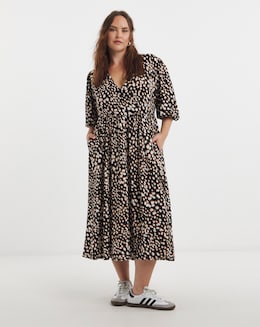 Black Print Supersoft Wrap Midi Dress