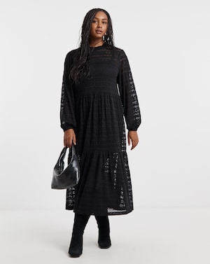 Black Tiered Lace Midi Dress - Image 1
