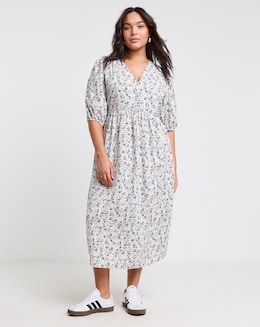 Floral Print Button Through Midi Dress With Pockets