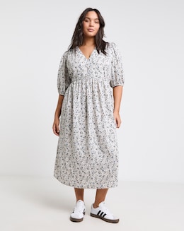 Floral Print Button Through Midi Dress With Pockets