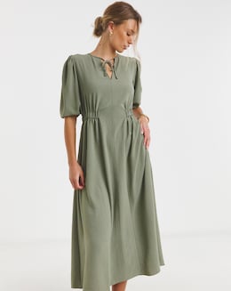 Khaki Cinched Waist Midi Dress With Pockets