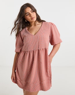 Rust Gingham Smock Dress With Pockets