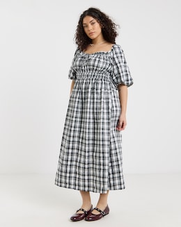 Simply Be Mono Check Midi Dress With Shirred Bodice