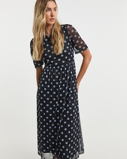 Black Daisy Printed Mesh Midi Dress