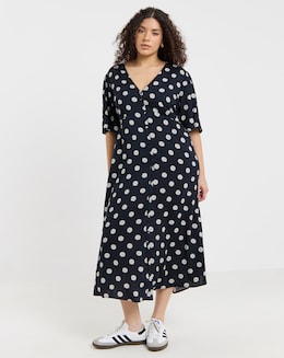 Black Ditsy Print Spun Viscose Button Up Midi Dress