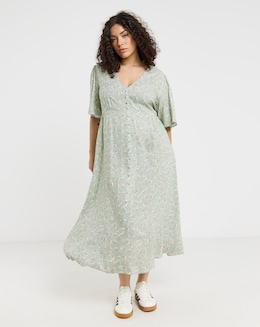 Green Ditsy Print Spun Viscose Button Up Midi Dress
