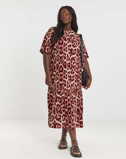 Leopard Print Waffle Drop Waist Midi Dress