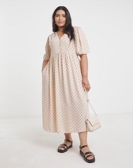 Spot Print Button Through Midi Dress With Pockets