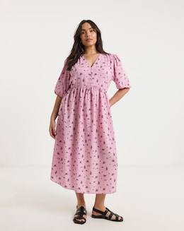 Pink Ditsy Floral Print Button Through Midi Dress With Pockets