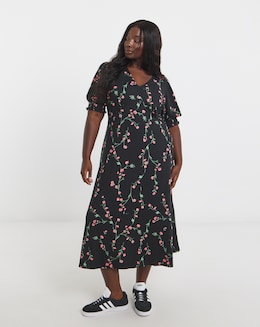 Black Ditsy Floral Print Supersoft Midi Dress