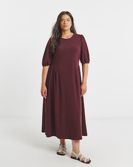Chocolate Jersey Linen Look Midi Dress With Waist Detail