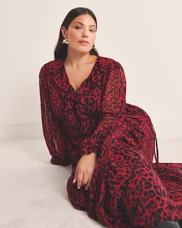 Red Leopard Georgette Frill Wrap Dress