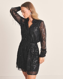 Black Fringed Sequin Shirt Dress - Image