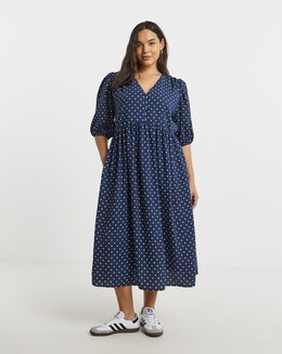 Navy Spot Print Button Through Midi Dress