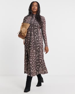 Simply Be Brown Animal Print Seamed Mesh Fit and Flare Midi Dress