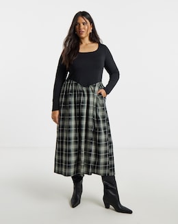 Jersey Woven Mix Check Midi Dress - Image