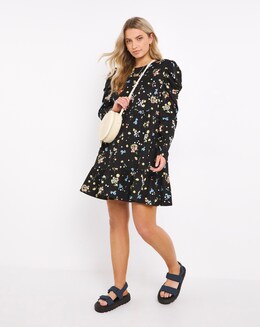Black Floral Supersoft Jersey Smock Dress