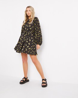 Black Floral Print Belted Skater Dress