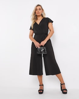 Black Slinky Angel Sleeve Wide Leg Belted Culotte Jumpsuit