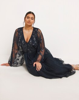 Maya Curve Cape Sleeve Floral Sequin Embroidered Tulle Maxi Dress
