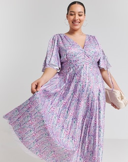 Little Mistress Print Angel Sleeve Pleated Midaxi Dress