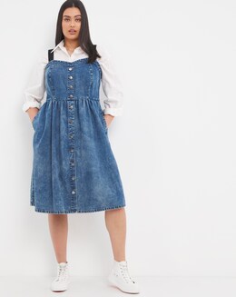 Strappy Button Front Midi Denim Dress