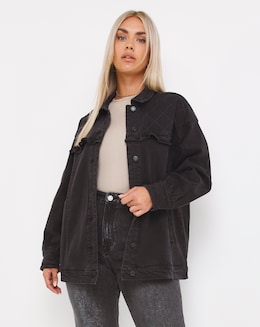 Black Quilt Ruffle Detail Denim Jacket