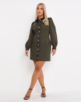 Khaki PU Mix Fitted Denim Dress