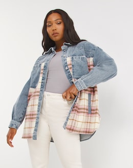 Mid Blue Checked Spliced Shacket