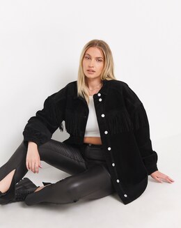 Black Jumbo Cord Fringe Shacket